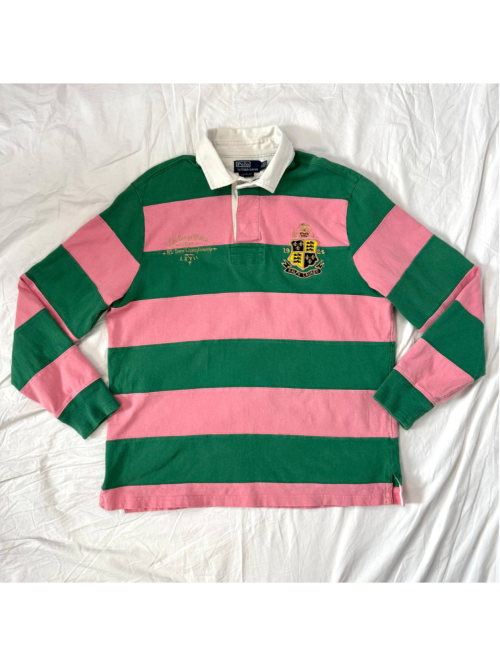 Vintage 90s Polo Ralph Lauren Pink Green Striped Rugby Shirt Men's XL Preppy